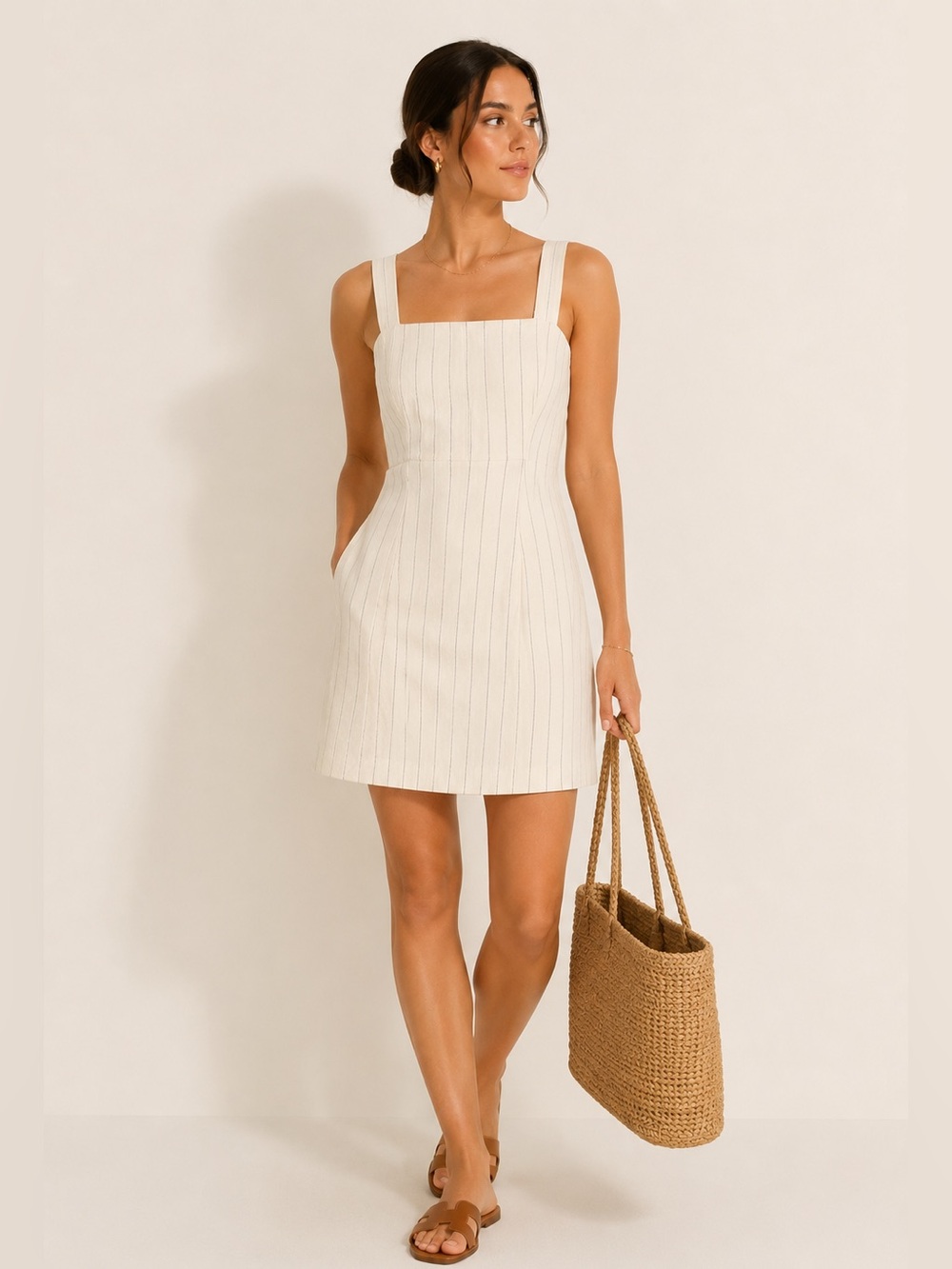 Club Monaco NWT Square Neck Linen Blend Pinstripe Mini Dress Size 00